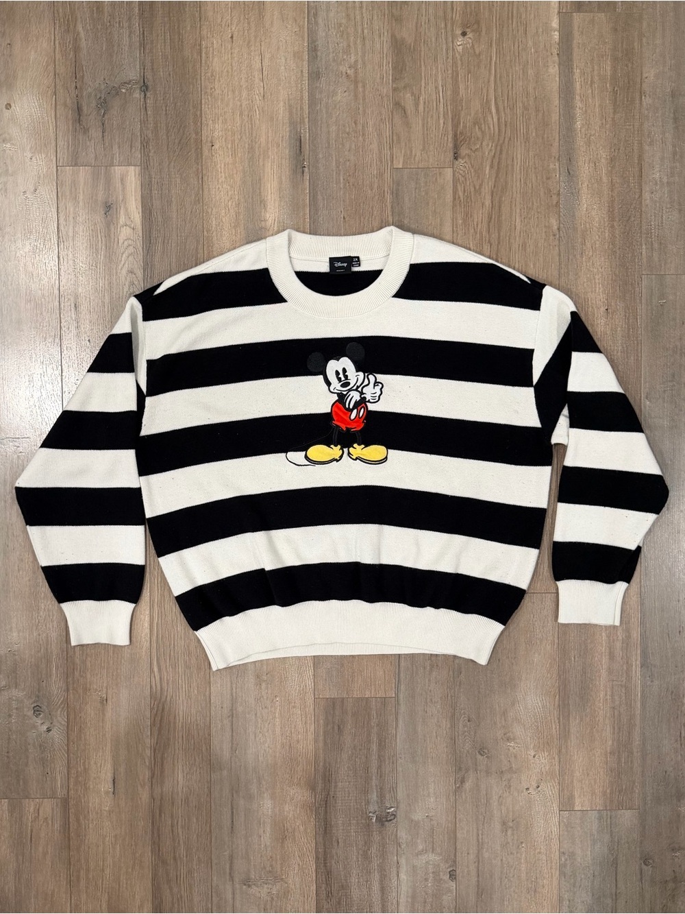 Disney Black & White Striped Crewneck with Mickey Graphic
